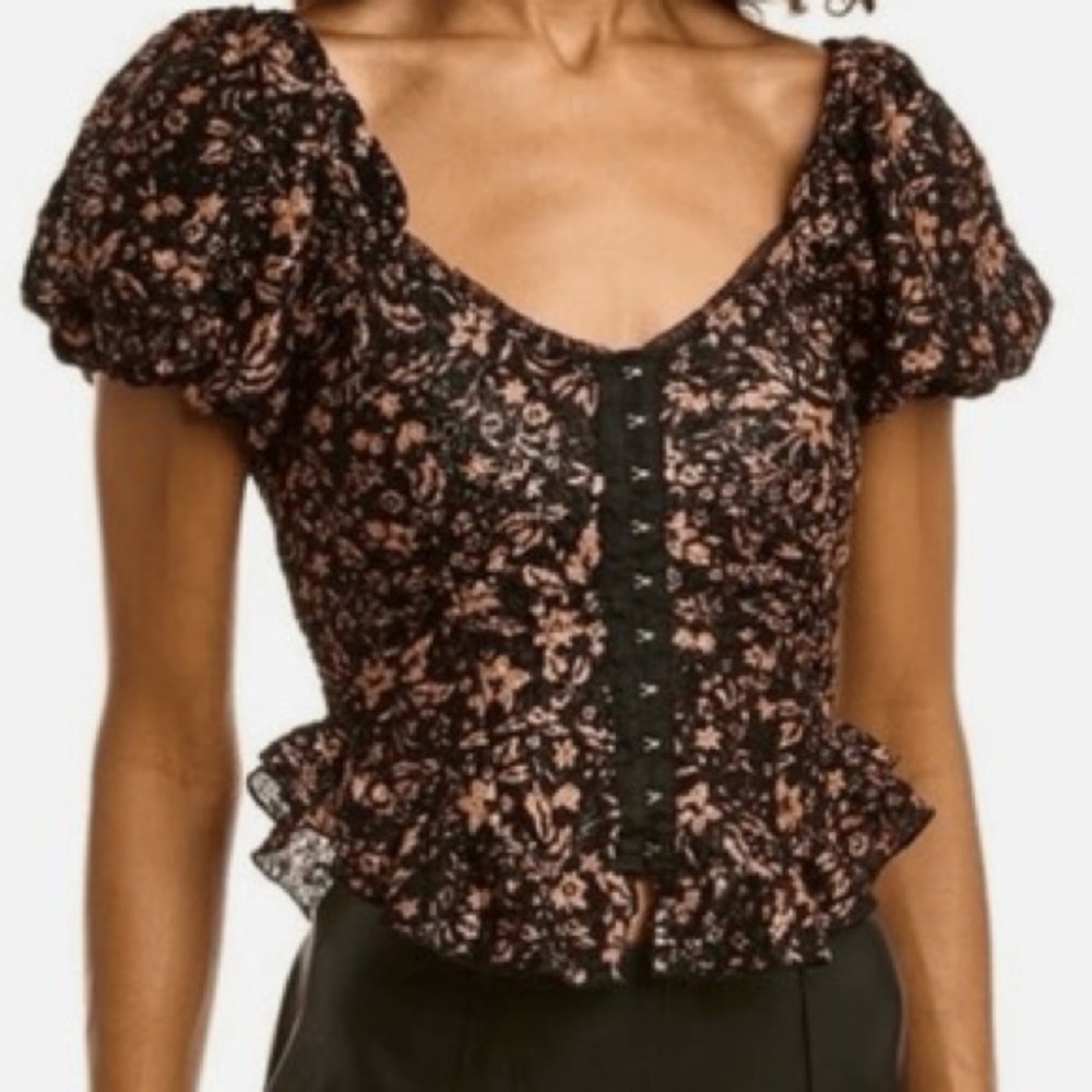 Free People Oh Baby Cropped Floral Puff Sleeve Textured Top Cottagecore Festival